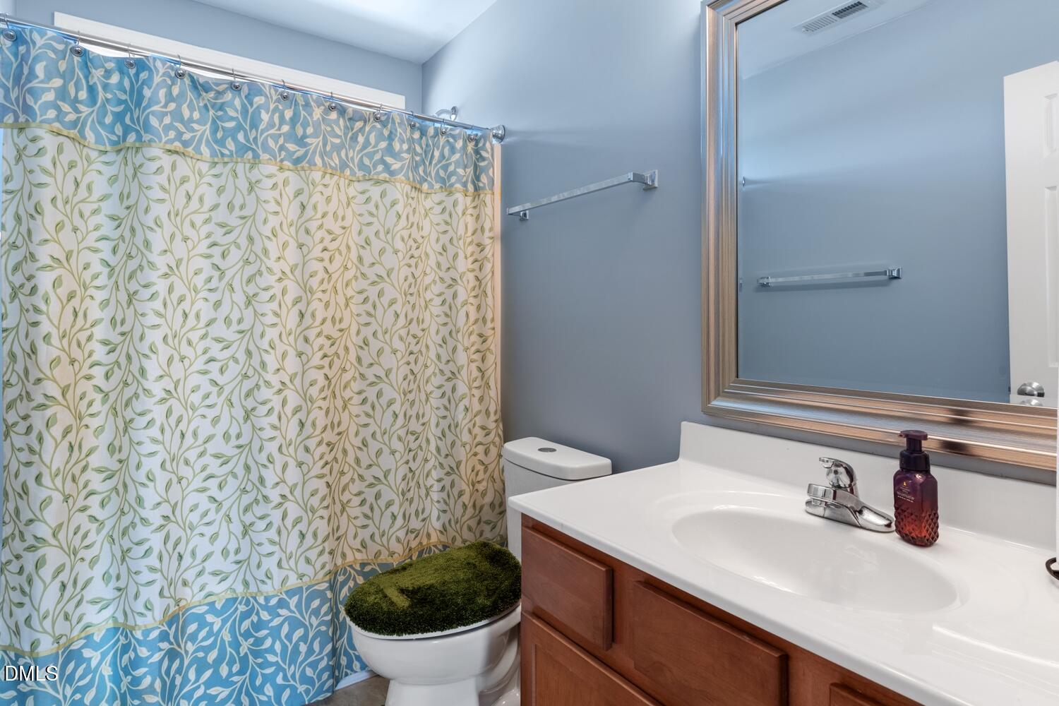 4113 Lady Slipper Lane Durham, NC 27704 - Photo 20 of 28 a bathroom with a sink a toilet and shower curtain