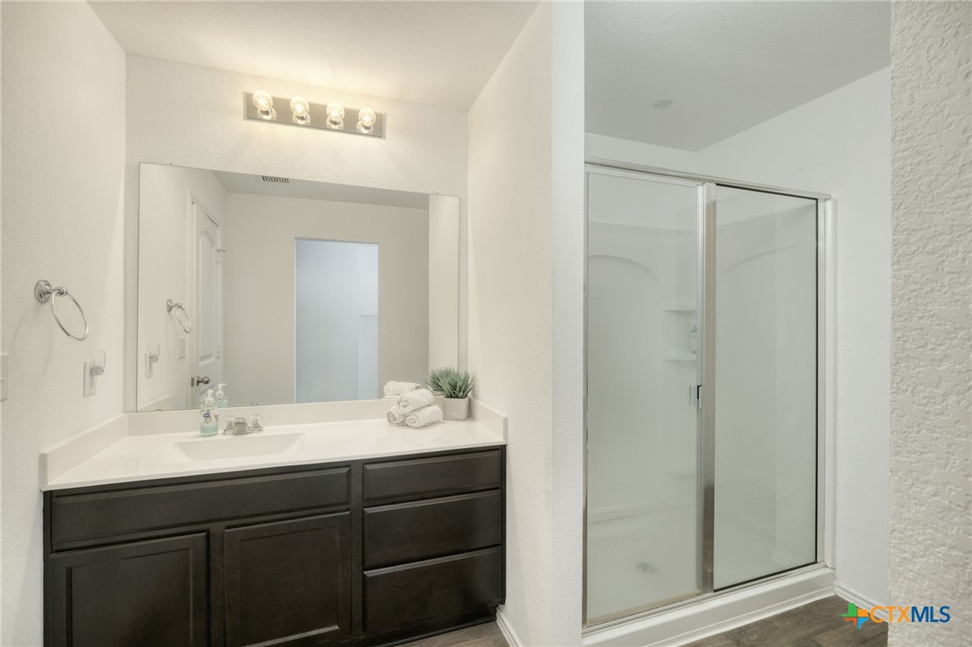 14905 Breccia Road Manor, TX 78653 - Photo 6 of 13 The primary bath has a single vanity, and walk in shower.
