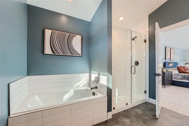 a bathroom with a bathtub and a shower