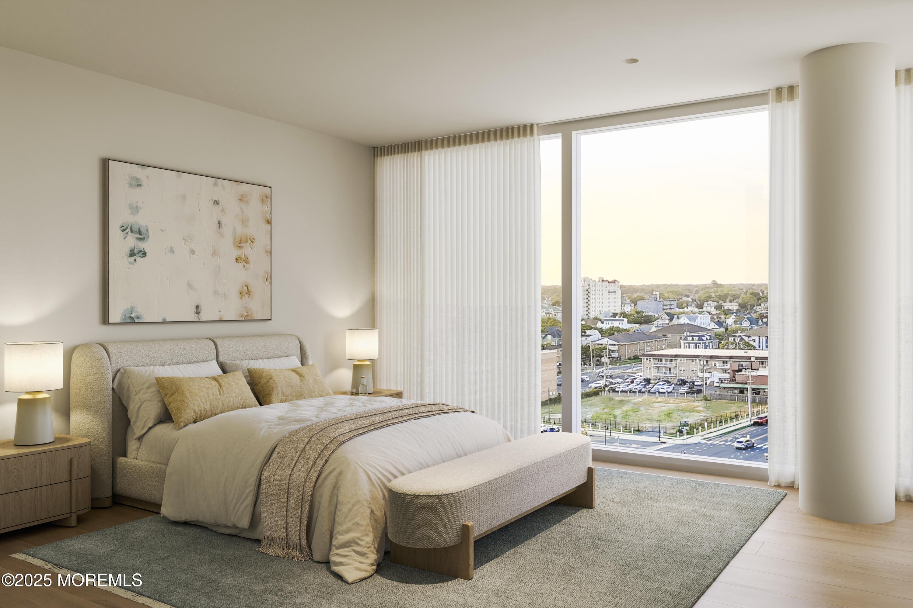 a bed room with a bed and a large window