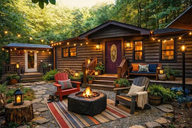 a patio with sofas table and chairs