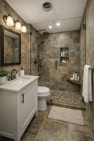 a bathroom with a sink a toilet and shower