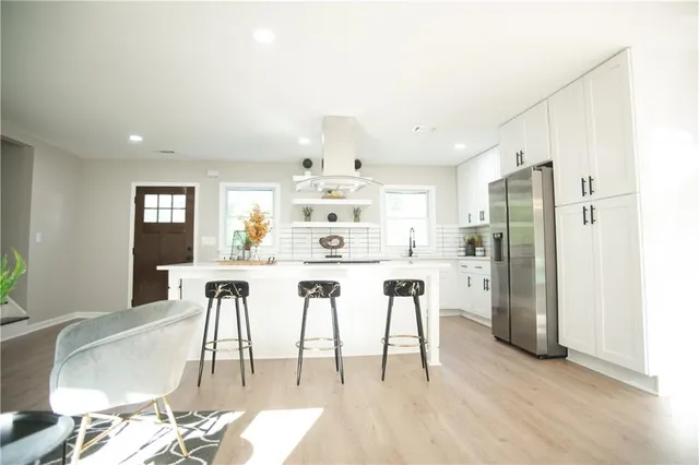 a view of a dining room with furniture