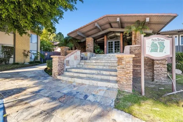 a view of a white house with a small yard plants and large tree