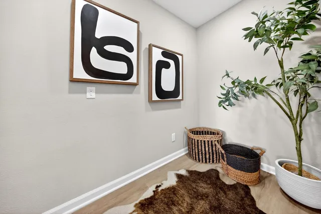 a wall with a potted plant and a painting on the wall