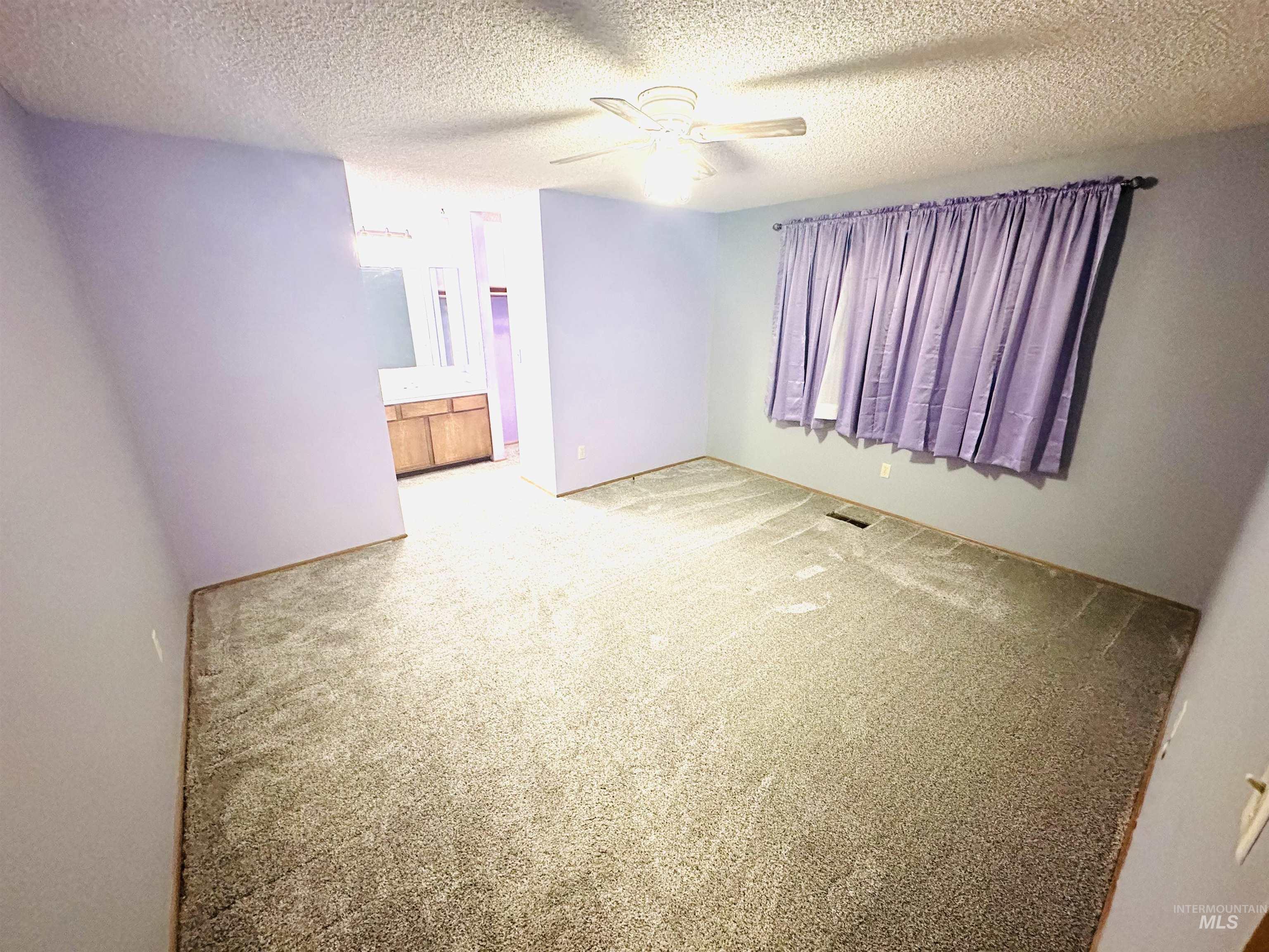 1111 West D Street Vale, OR 97918 - Photo 14 of 26 Unfurnished bedroom with a textured ceiling, light carpet, a ceiling fan, and ensuite bathroom