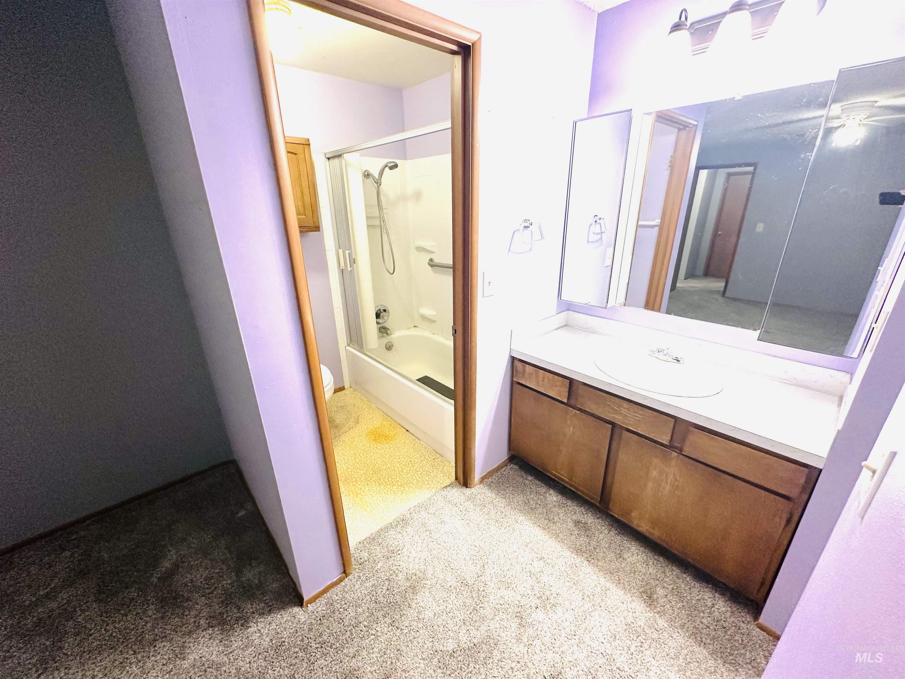 1111 West D Street Vale, OR 97918 - Photo 16 of 26 Bathroom with vanity, light colored carpet, and bath / shower combo with glass door