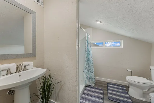 a bathroom with a sink a toilet and shower