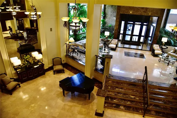 a view of hotel and chair