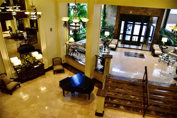 a view of hotel and chair