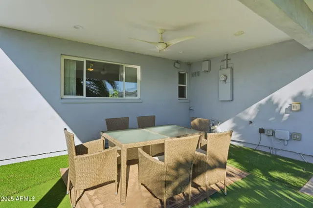 a view of a dining room with furniture