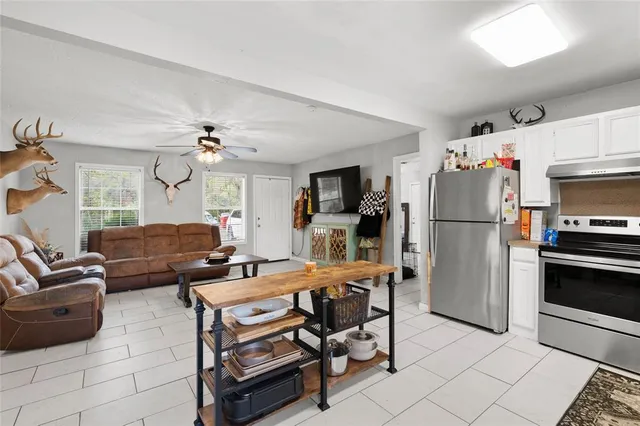 a living room with furniture a refrigerator and a fireplace
