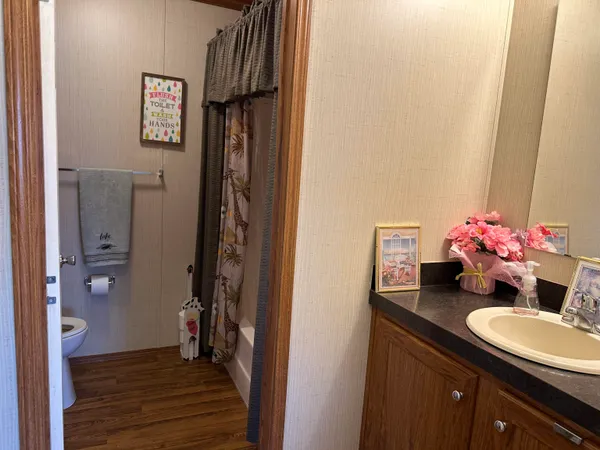 a bathroom with a sink vanity and a mirror
