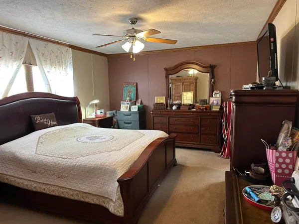 a bedroom with a bed and dresser