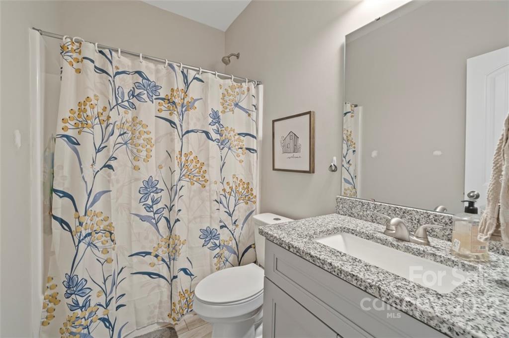 3269 Evondale Road Crouse, NC 28033 - Photo 24 of 36 a bathroom with a granite countertop toilet a sink and a mirror