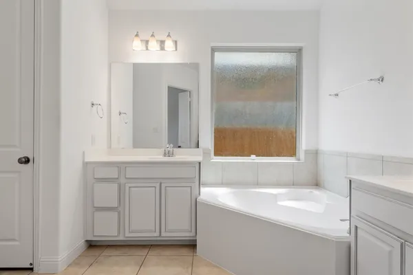 a bathroom with a tub sink and mirror