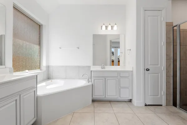 a bathroom with a sink a bathtub and a vanity