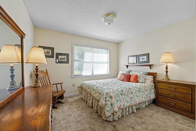 a bedroom with a bed a chandelier and dresser