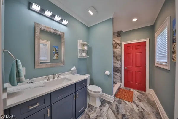 a bathroom with a sink a toilet a mirror and vanity