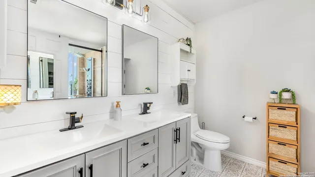 a bathroom with a sink a toilet and a mirror