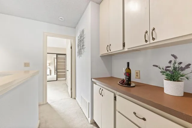 a kitchen with a potted plant on the counter and a sink