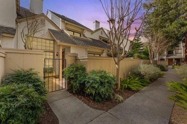 a backyard of a house with garden and plants