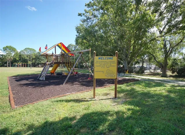 a view of a park with slide