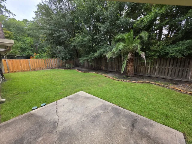 a view of a backyard with a small cabin and a chair