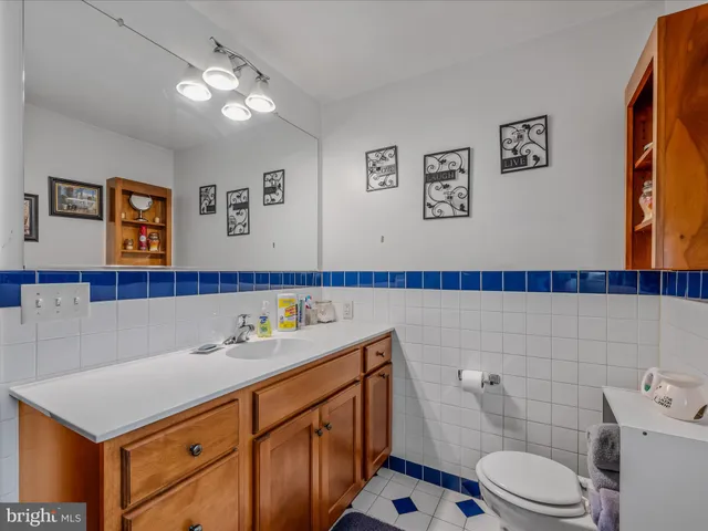 a bathroom with a sink a toilet and mirror