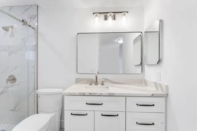 a bathroom with a granite countertop sink a toilet and shower