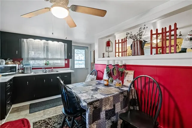 a view of a dining room and furniture