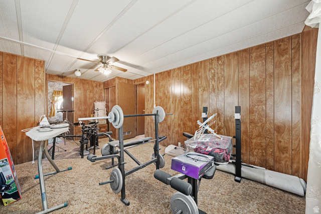 49 600 North Hurricane, UT 84737 - Photo 14 of 33 Workout room with wooden walls, carpet floors, and a ceiling fan