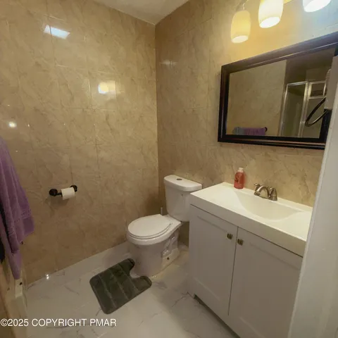 a bathroom with a sink a toilet and mirror