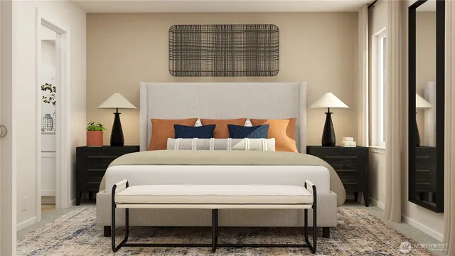 a bedroom with a bed a mirror and lamp