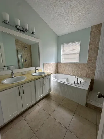 a bathroom with a sink mirror and a bathtub