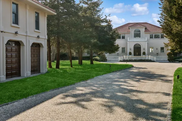 a view of a park with large trees