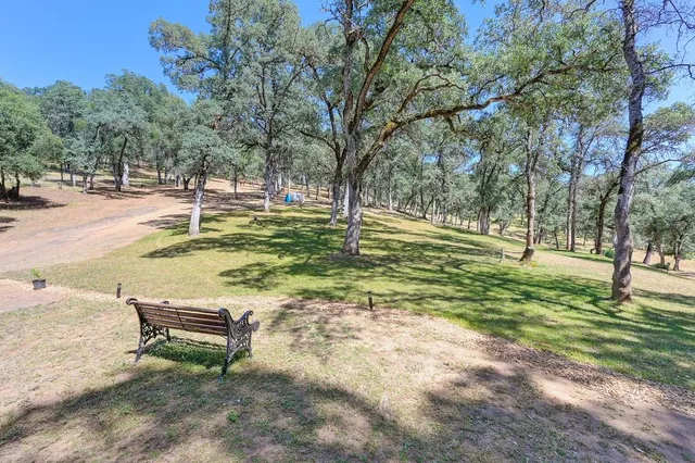a swimming pool with outdoor seating and trees