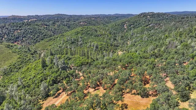 an aerial view of residential house with outdoor space and trees all around