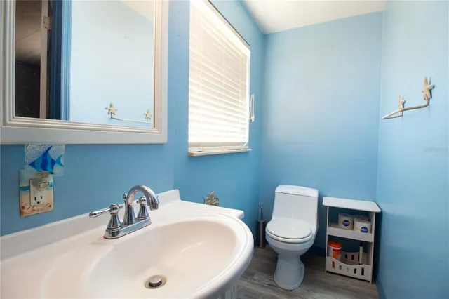 a bathroom with a toilet a sink and mirror