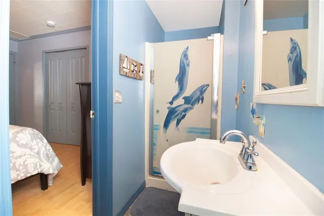 a bathroom with a sink and a mirror