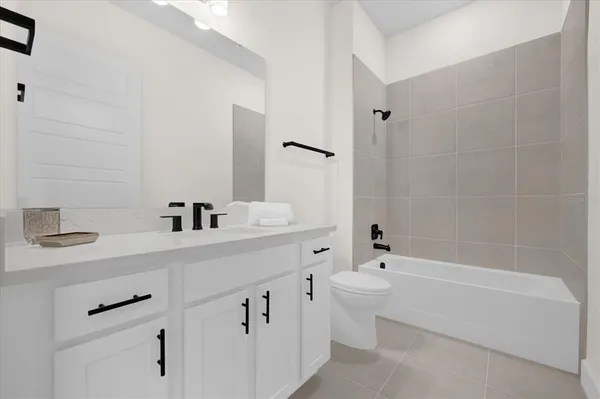 a bathroom with a bathtub a sink a toilet and a mirror
