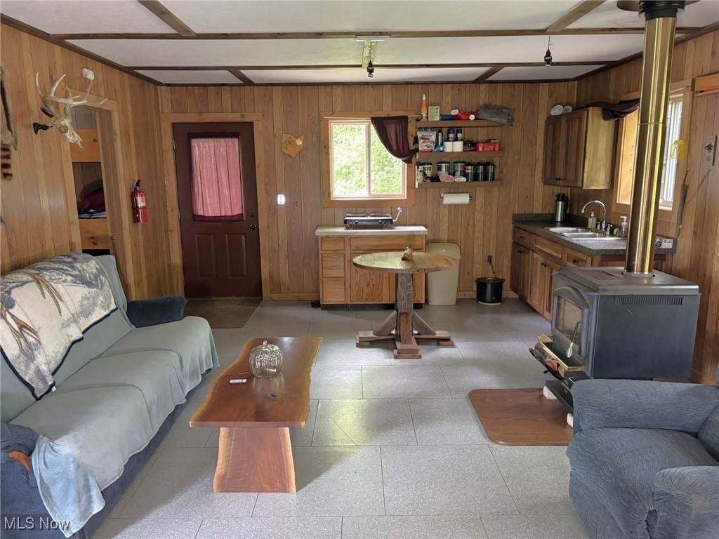 34215 Mt Hope Ridge Road Graysville, OH 45734 - Photo 28 of 50 Living area with wooden walls and a wood stove