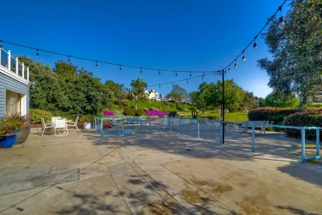 a view of a backyard with plants and a patio