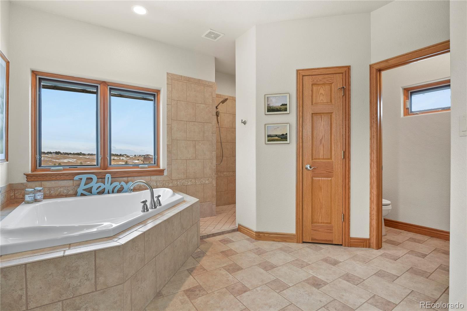 5220 Roundup Ridge Road Colorado Springs, CO 80908 - Photo 18 of 50 a spacious bathroom with a tub shower and mirror