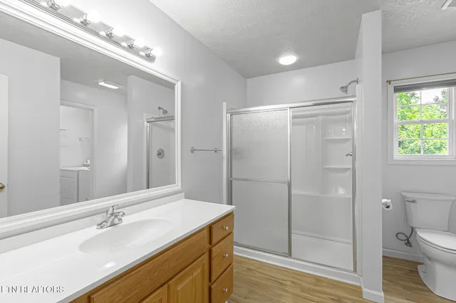 a bathroom with a granite countertop sink a toilet and shower