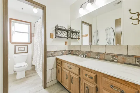 a bathroom with a sink a toilet and a mirror