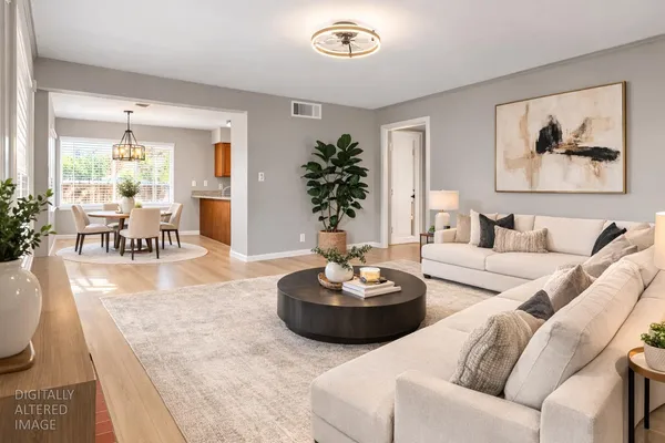 a living room with furniture and a potted plant