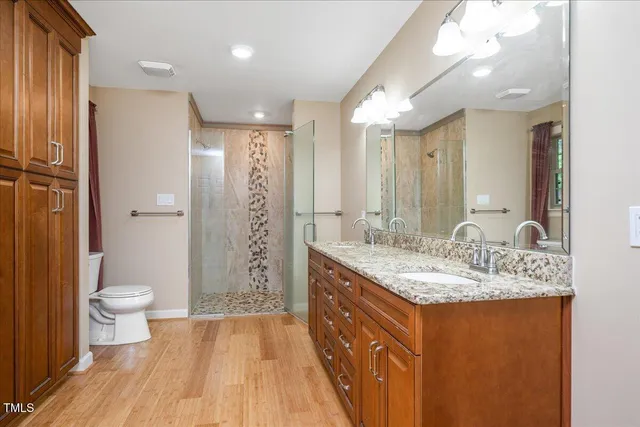 a bathroom with a granite countertop sink a toilet a mirror and shower