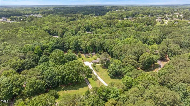 an aerial view of residential houses with outdoor space and trees