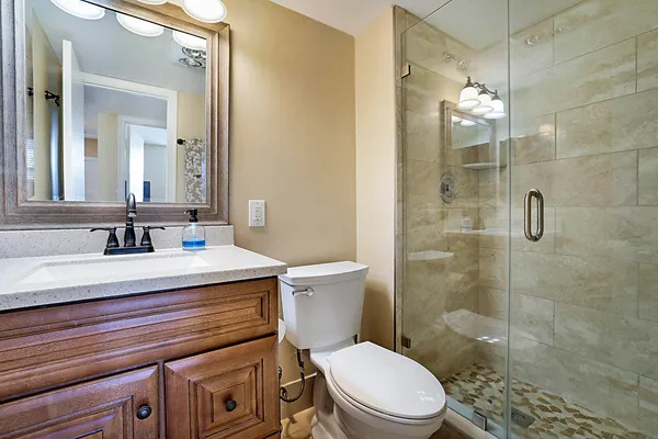 a bathroom with a sink a toilet a mirror and shower